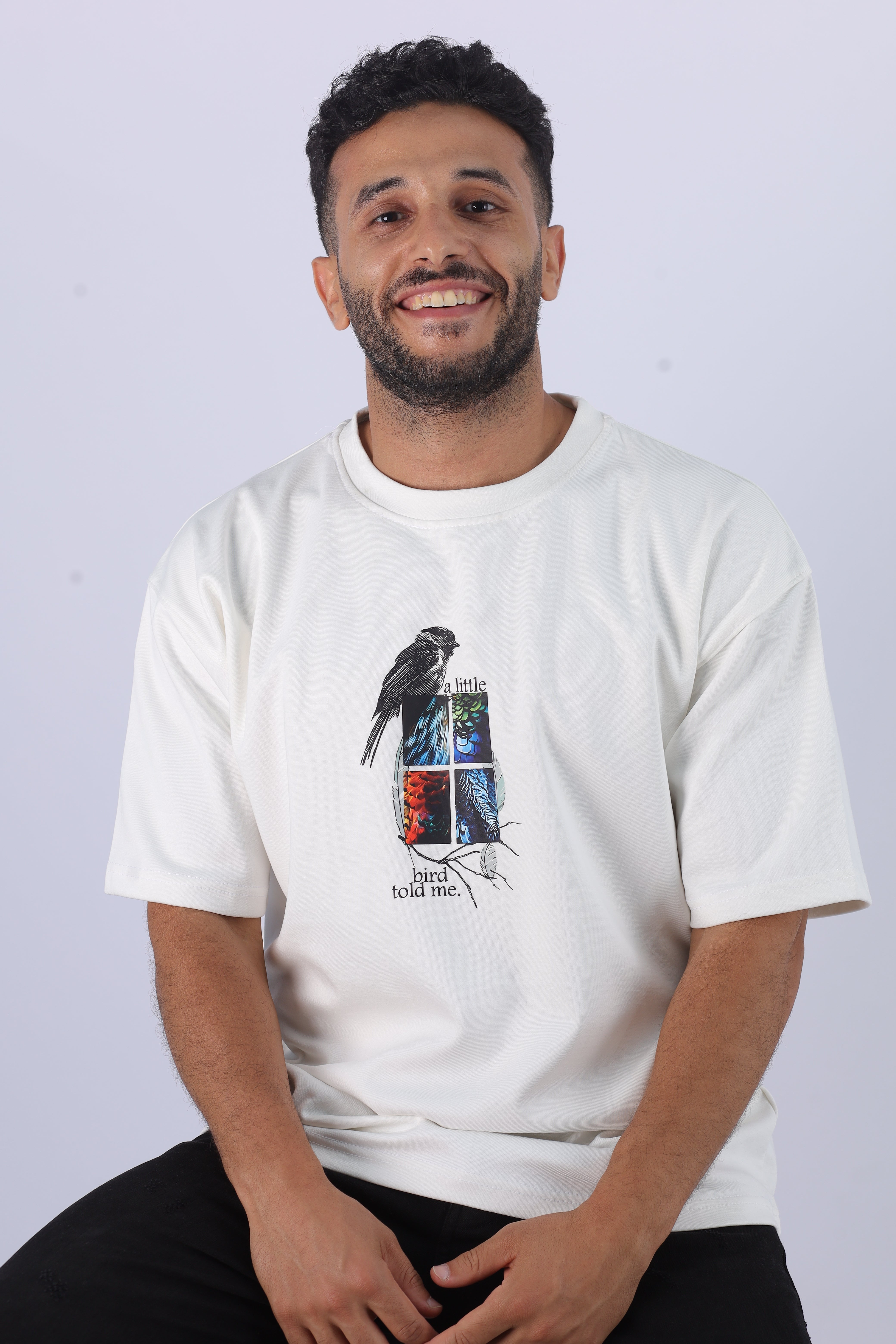 A Little Bird Told Me — Chest Graphic Oversized Tee - تيشيرت أوفر سايز رسمة جرافيك على الصدر